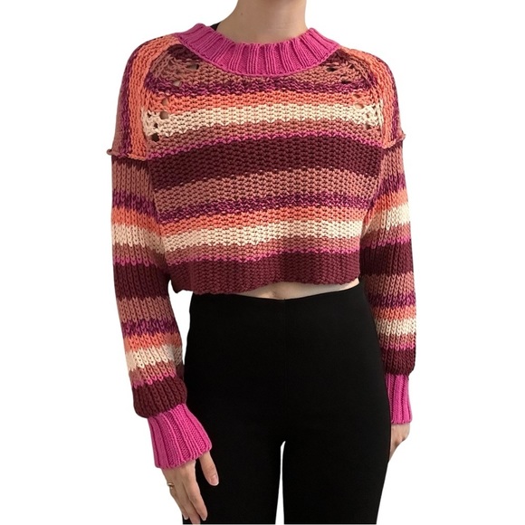Free People Cropped Sweater Pink Knit Boho Casual Fall Indie Size Extra Small - Picture 9 of 9